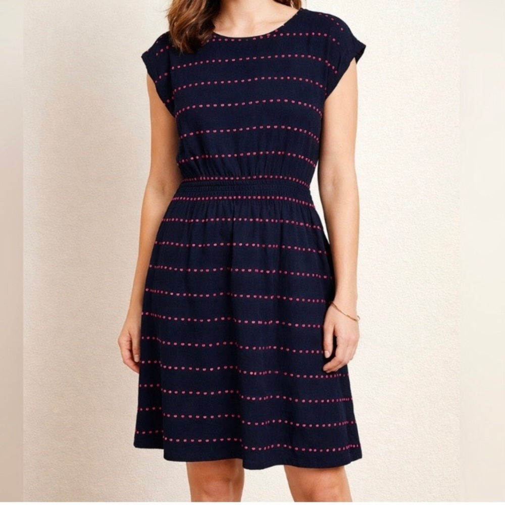 Navy blue textured dot sleeveless smocked waist dress